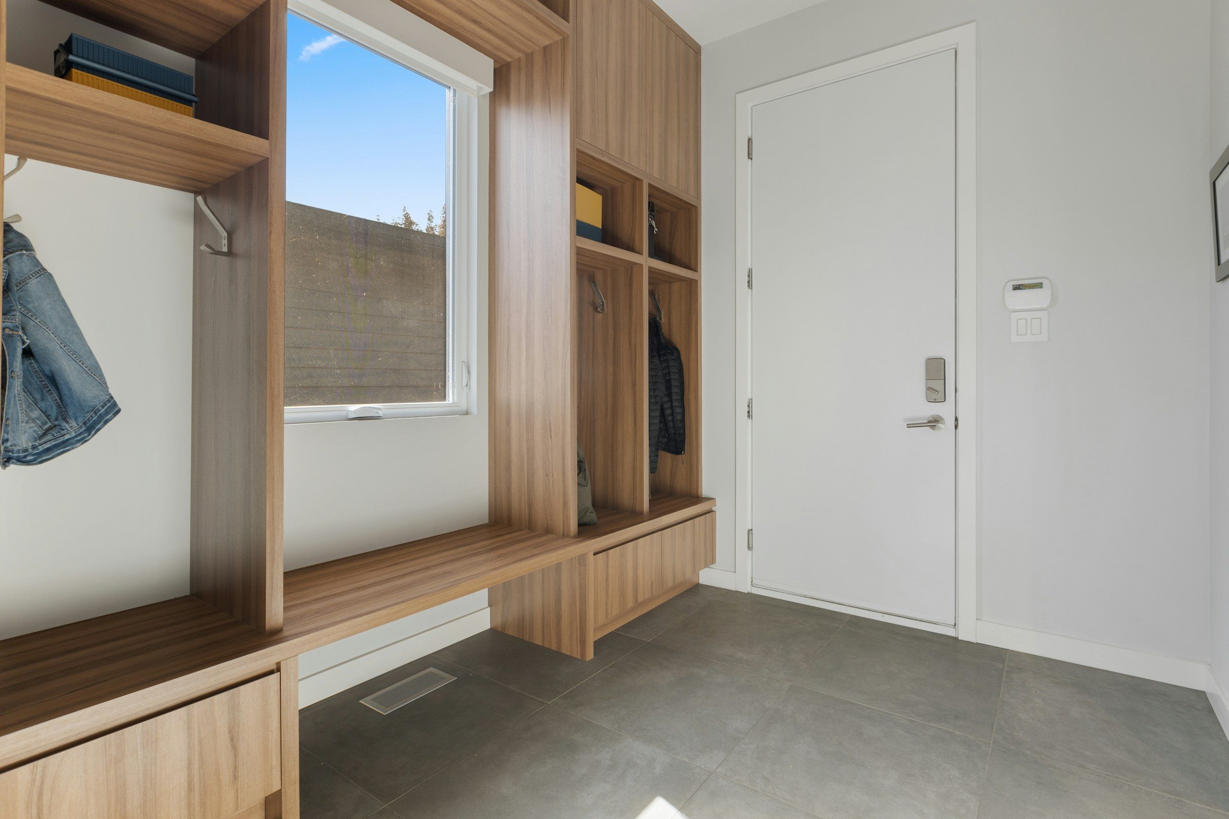 Built-in boot room units with a bench seat, example image