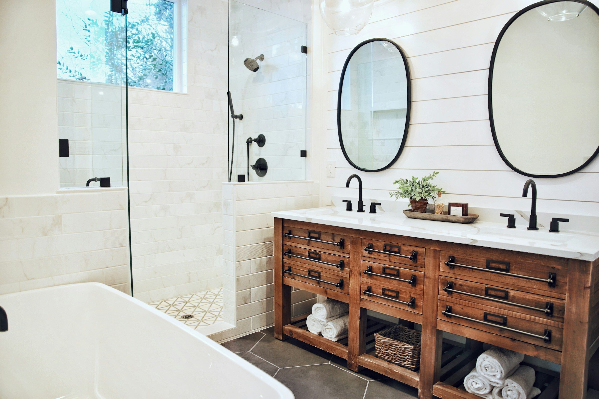 Wooden bathroom vanity with a double basin, example image