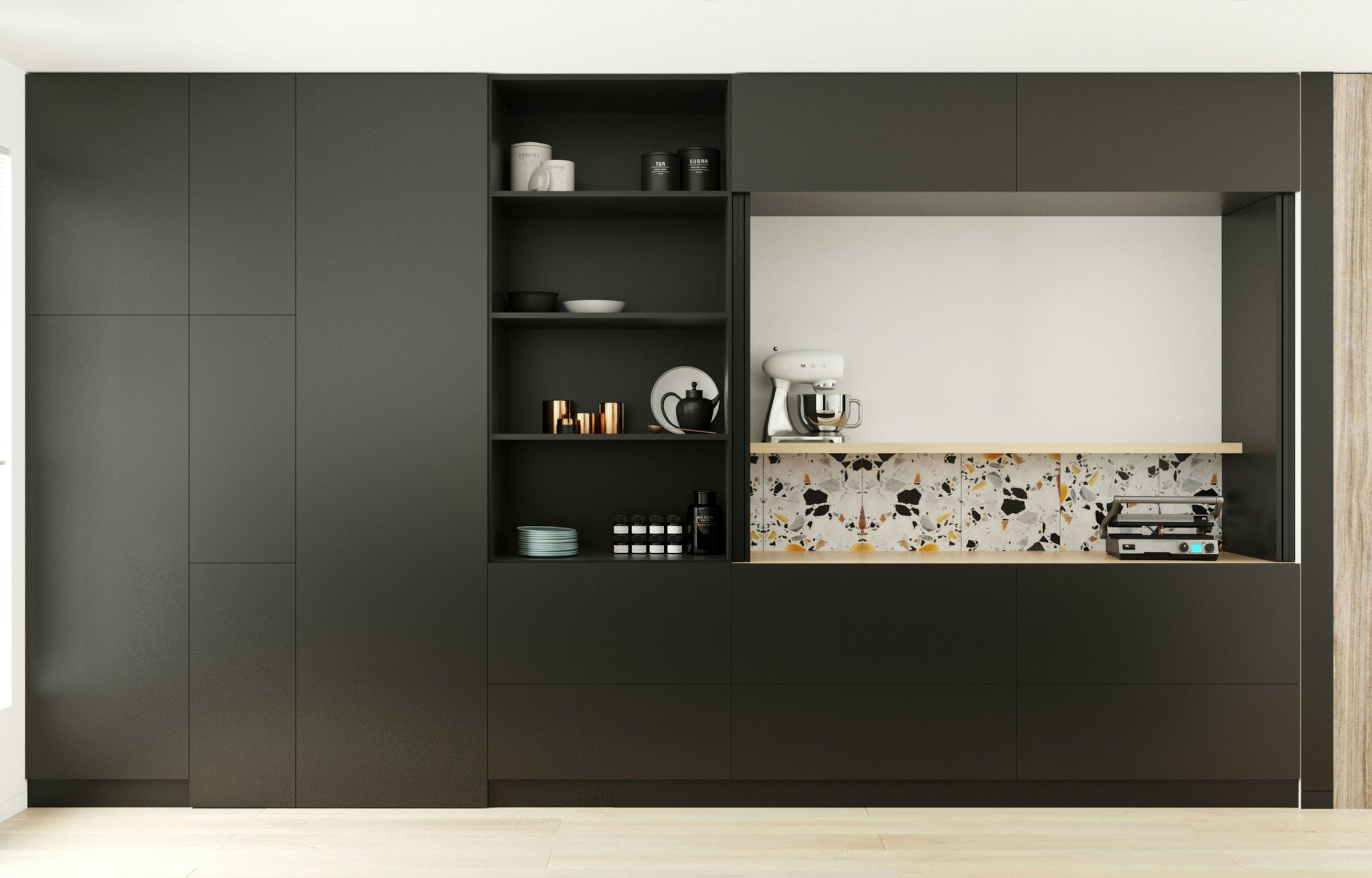 Matt charcoal kitchen with open shelves, example image